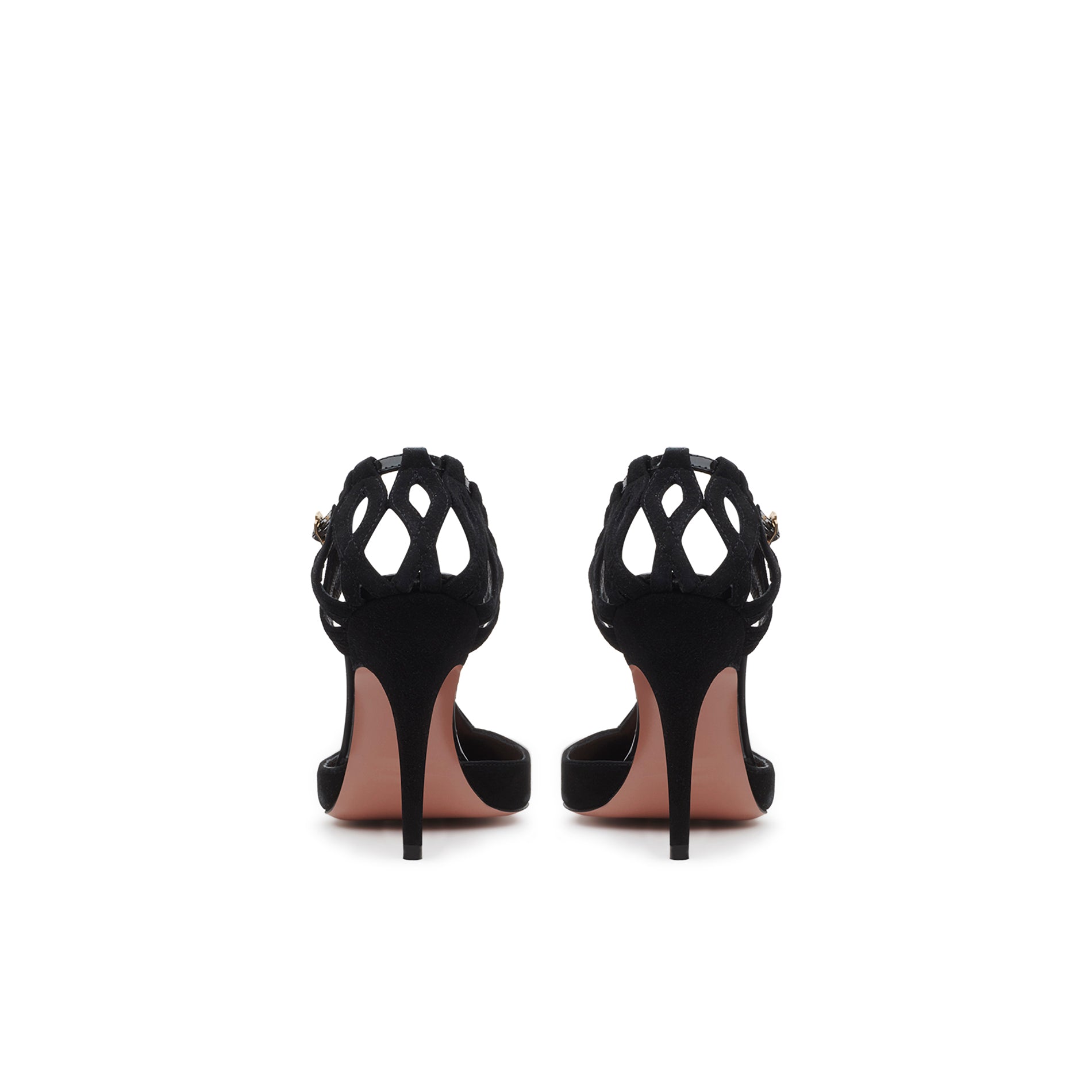 Back view of black leather pumps with woven ankle strap and 95 mm stiletto heel by Mario Valentino