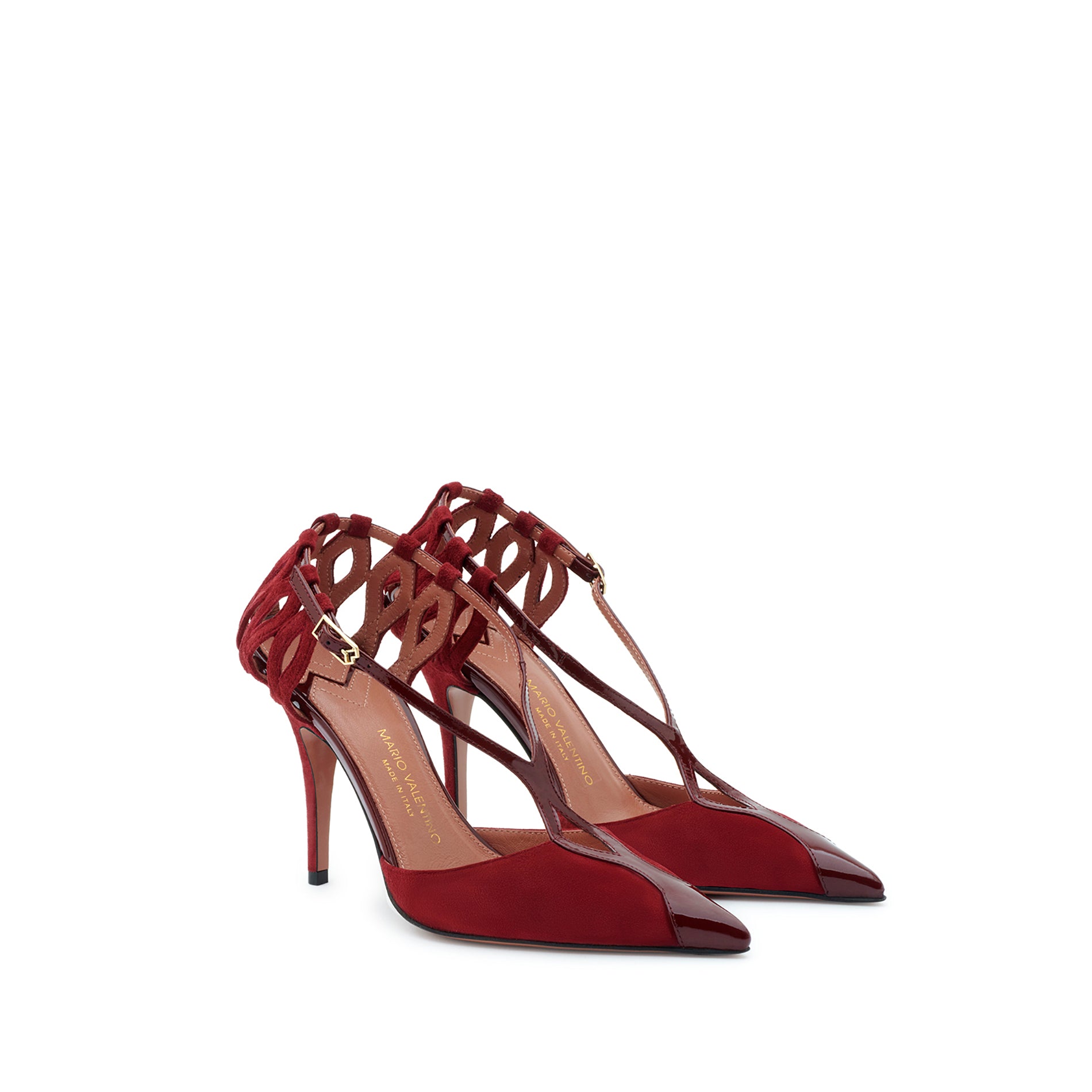 Pair of burgundy calfskin and suede pumps with basket weave ankle design and high stiletto heel Made in Italy