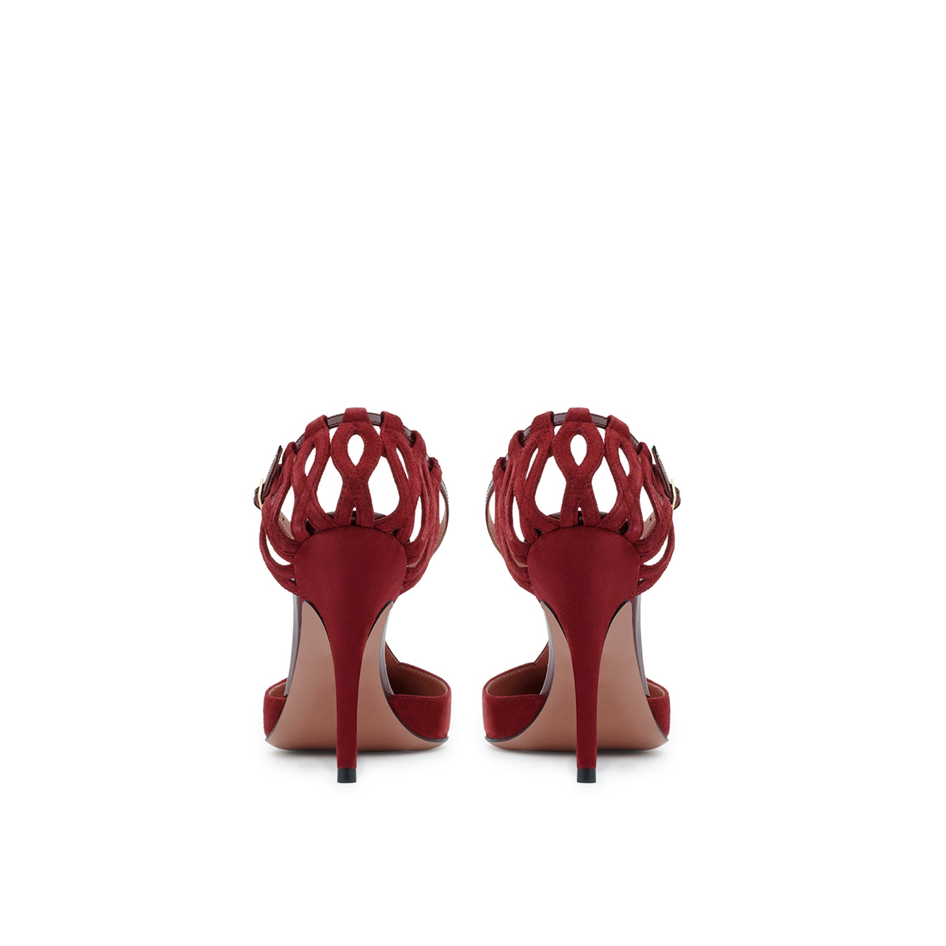 Back view of burgundy leather pumps with woven ankle strap and 95 mm stiletto heel by Mario Valentino