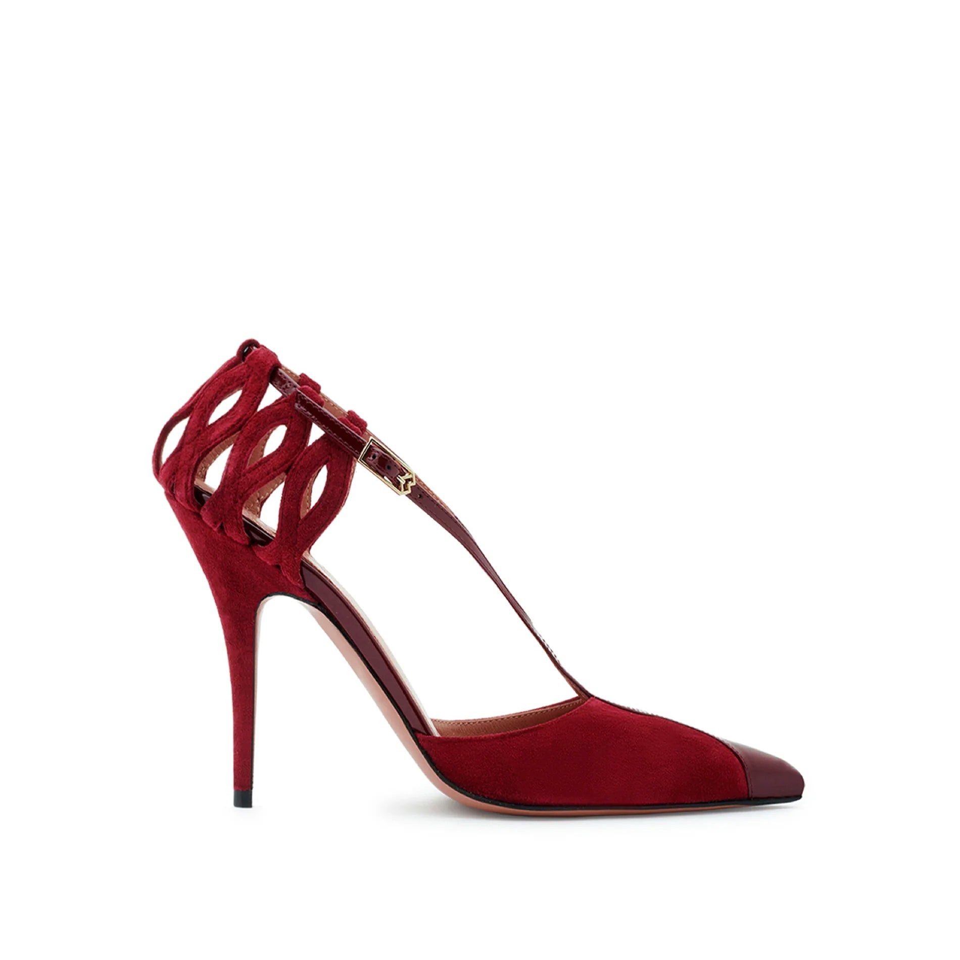 Burgundy leather and suede pumps with pointed toe and 95 mm stiletto heel, woven ankle detail by Mario Valentino