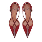 Top view of pointed toe burgundy suede and leather pumps with adjustable buckle and woven detail