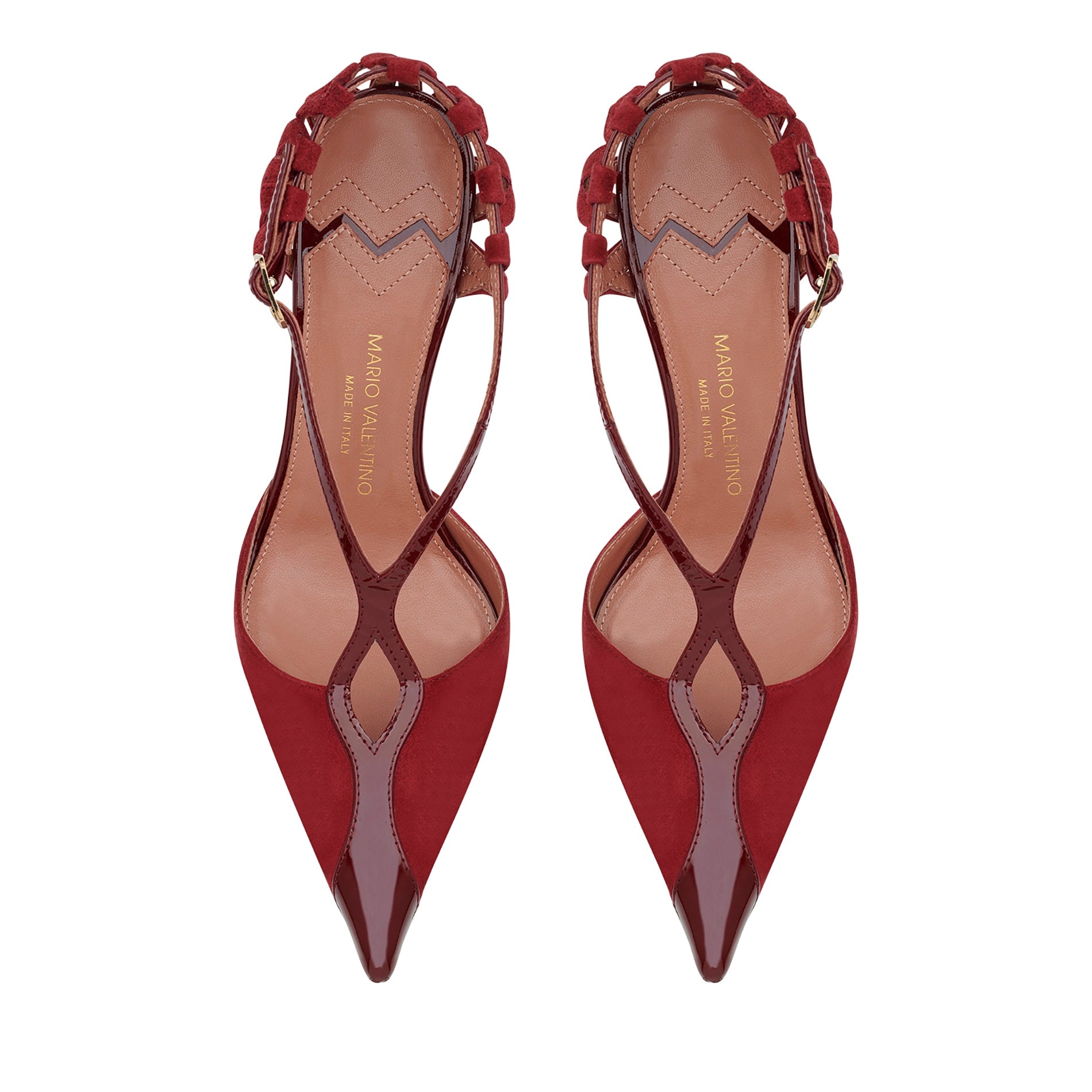 Top view of pointed toe burgundy suede and leather pumps with adjustable buckle and woven detail