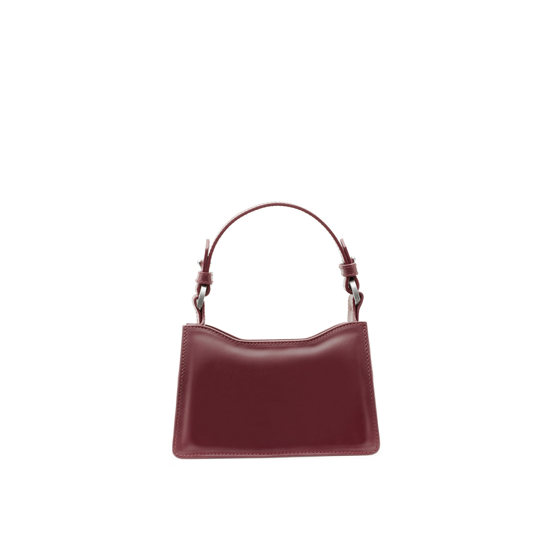 Back view of a structured burgundy leather mini bag with curved silhouette and adjustable leather handle.