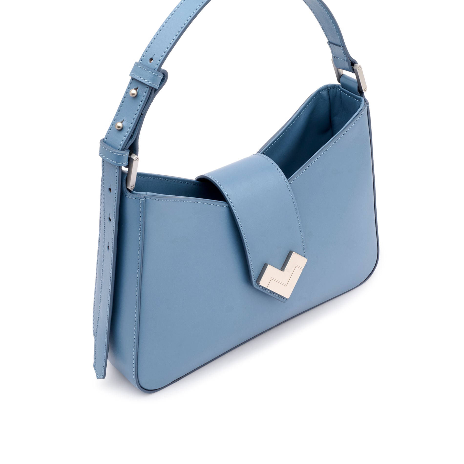 Shoulder bag in sky blue calfskin with signature silver logo and magnetic closure. Made in Italy