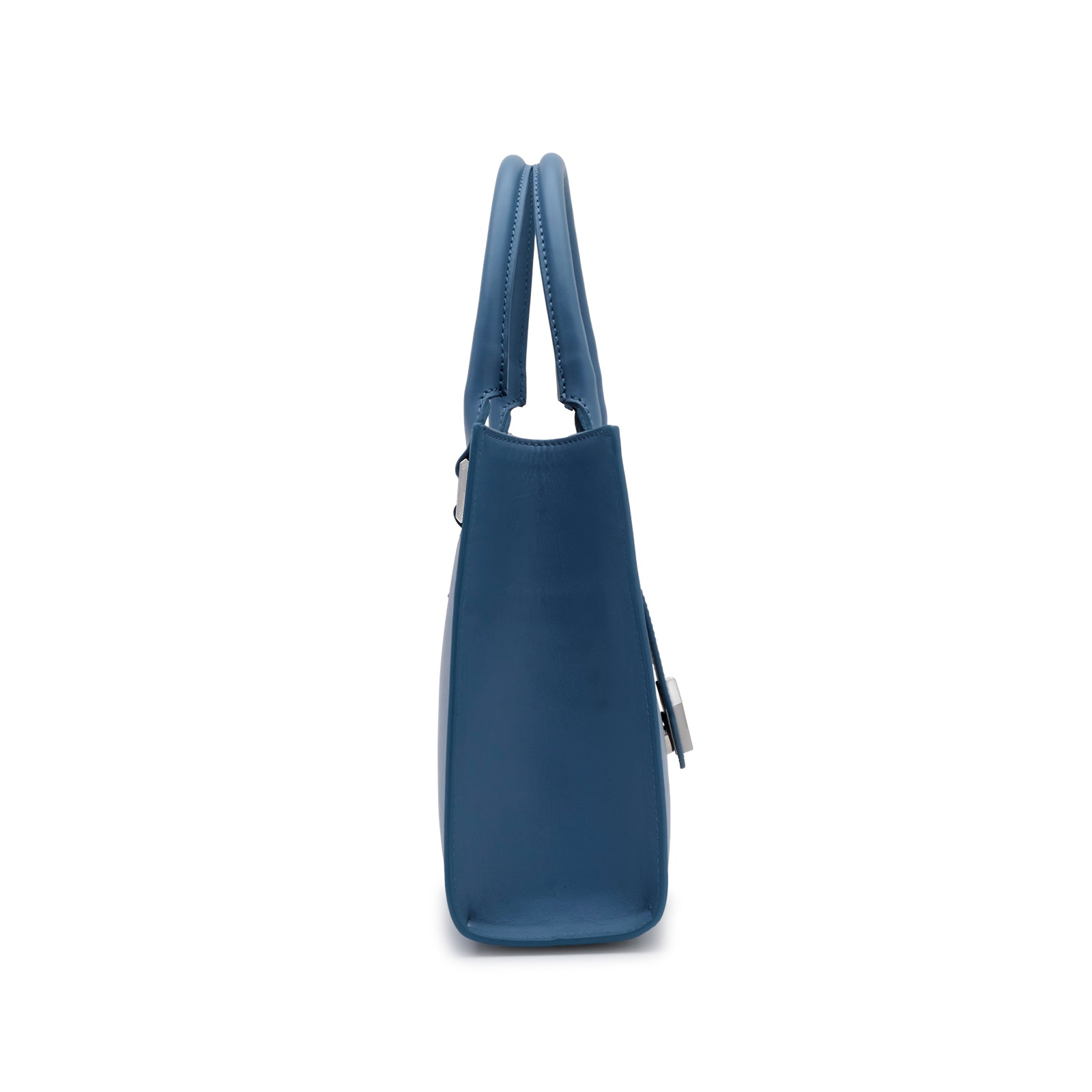 Side profile of the structured Mario Valentino handbag in sky blue leather with adjustable strap.
