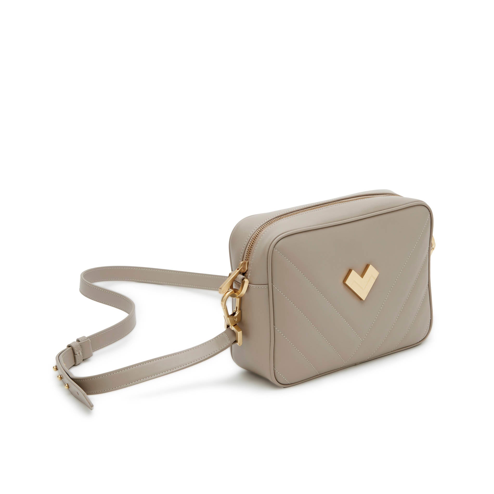 Grey leather crossbody camera bag with chevron quilting and gold logo detail. Made in Italy