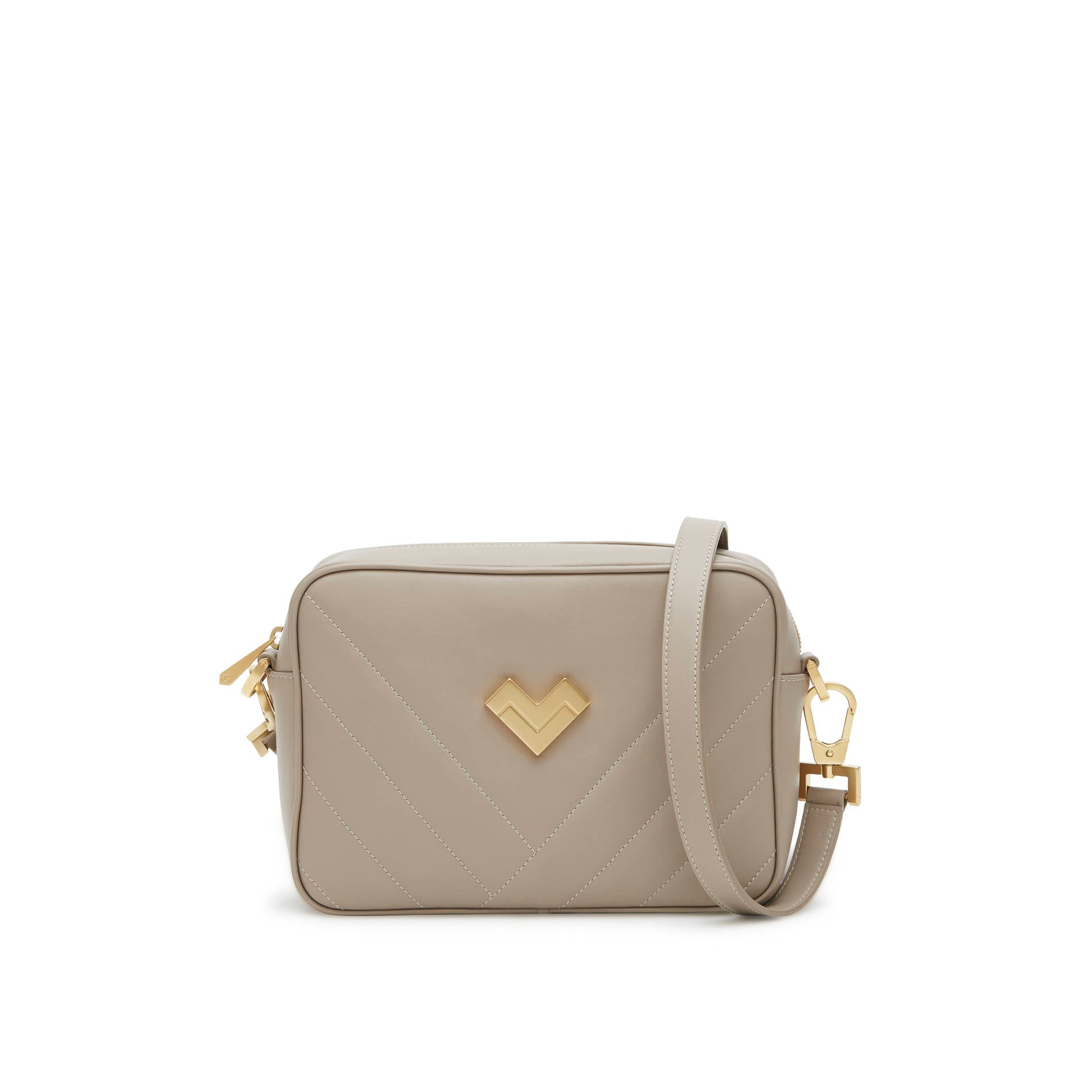 Grey quilted leather crossbody camera bag with gold logo and adjustable strap. Made in Italy