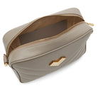 Brown leather crossbody bag interior with organized compartment and zip pocket. Made in Italy