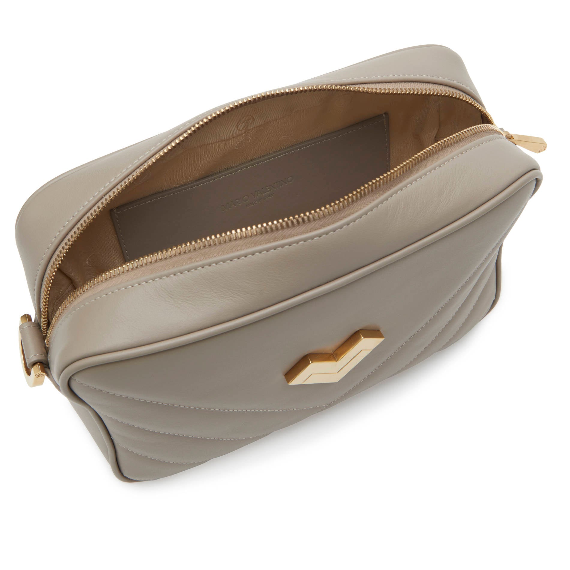 Brown leather crossbody bag interior with organized compartment and zip pocket. Made in Italy