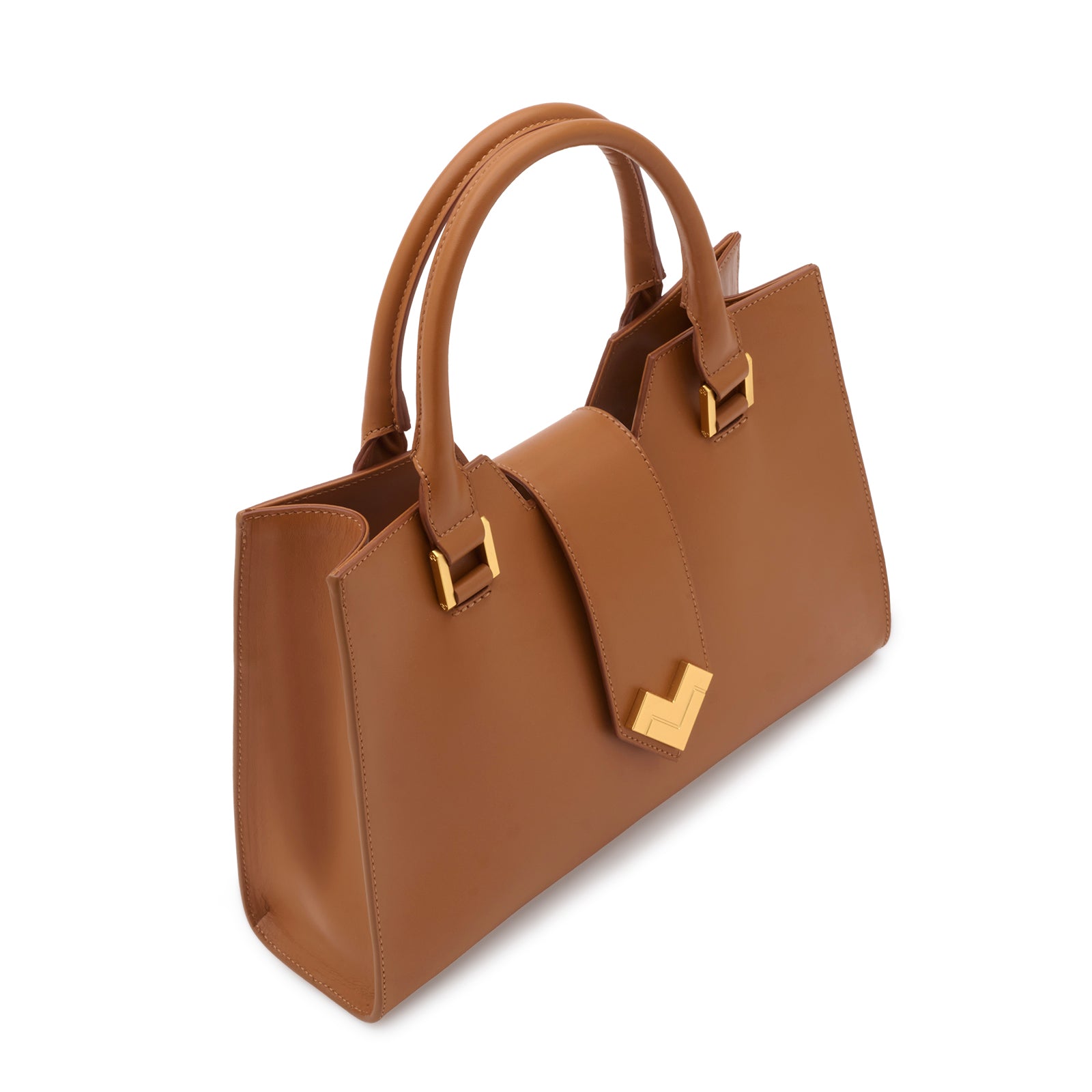 Rear view of the Mario Valentino cuoio brown calfskin handbag showcasing the smooth leather finish and structured minimalist back.