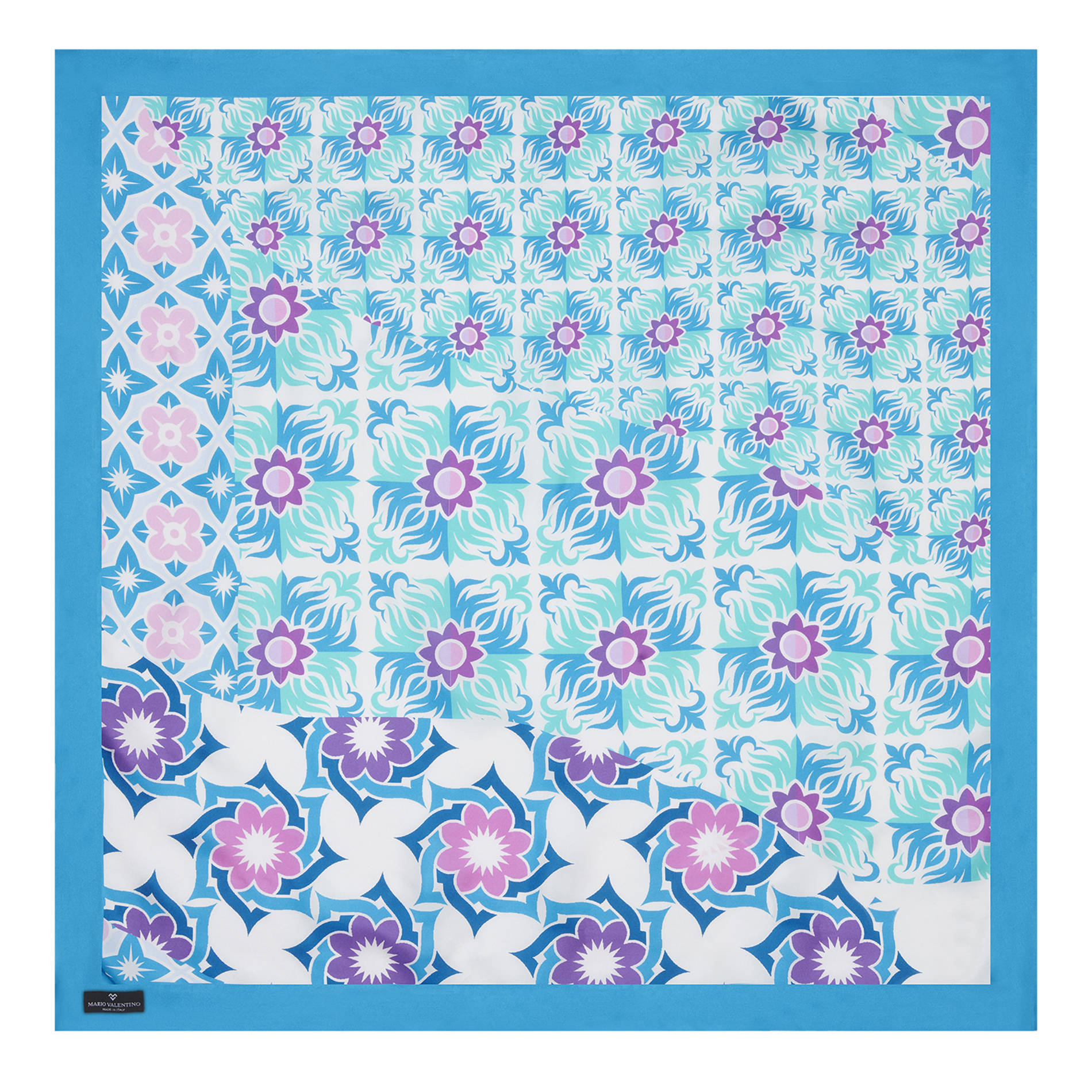 Mario Valentino floral silk scarf in turquoise, pink and white, abstract print square scarf 88x88, lightweight pure silk made in Italy