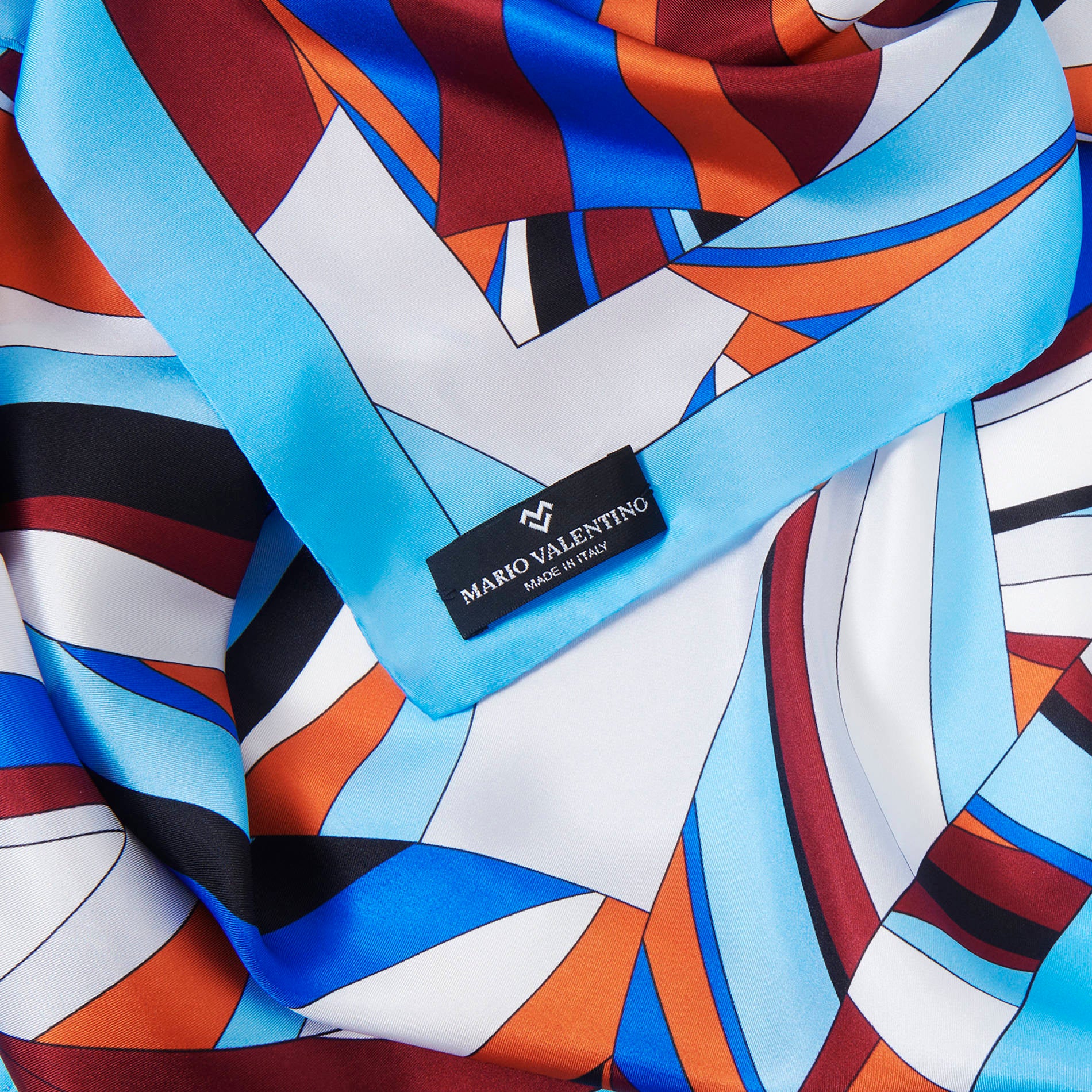 designer silk scarf by Mario Valentino with geometric print, elegant accessory made in Italy