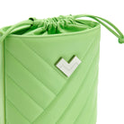 Green quilted leather crossbody bucket bag with chevron stitching, silver-tone logo and leather drawstring detail.