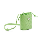Green quilted leather crossbody bucket bag with silver-tone logo and leather drawstring closure. Compact and easy to wear. Made in Italy