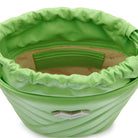 Green calf leather crossbody bucket bag interior with drawstring closure, logo lining and card slots. Made in Italy