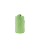 Green quilted leather bucket bag with silver-tone logo and leather drawstring closure, side view.