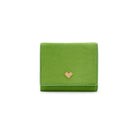 Mario Valentino small green calf hair leather compact wallet with flap and snap button closure, metal MV logo and textured finish. Made in Italy.