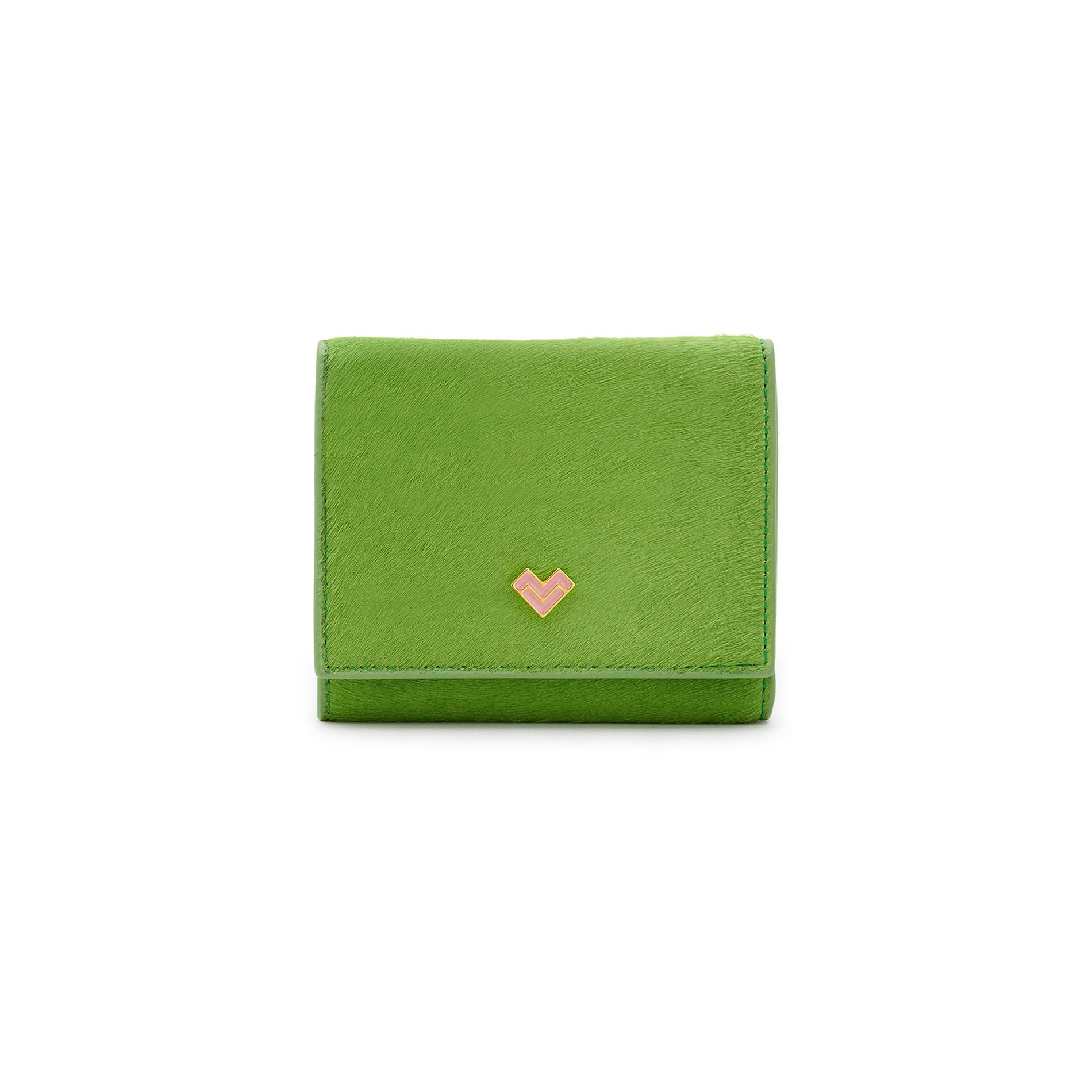 Mario Valentino small green calf hair leather compact wallet with flap and snap button closure, metal MV logo and textured finish. Made in Italy.