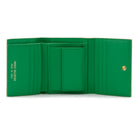 Mario Valentino green leather wallet interior with six card slots, banknote compartment, coin pocket with button and inner pockets.