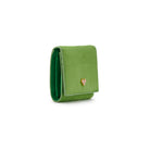 Mario Valentino green calf hair leather wallet side view, slim compact profile with flap closure and soft textured surface.
