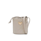Grey quilted leather crossbody bucket bag with adjustable crossbody strap, gold logo and leather drawstring closure. Made in Italy