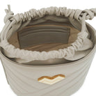 Grey calf leather crossbody bucket bag interior with drawstring closure, logo lining and card slots. Made in Italy