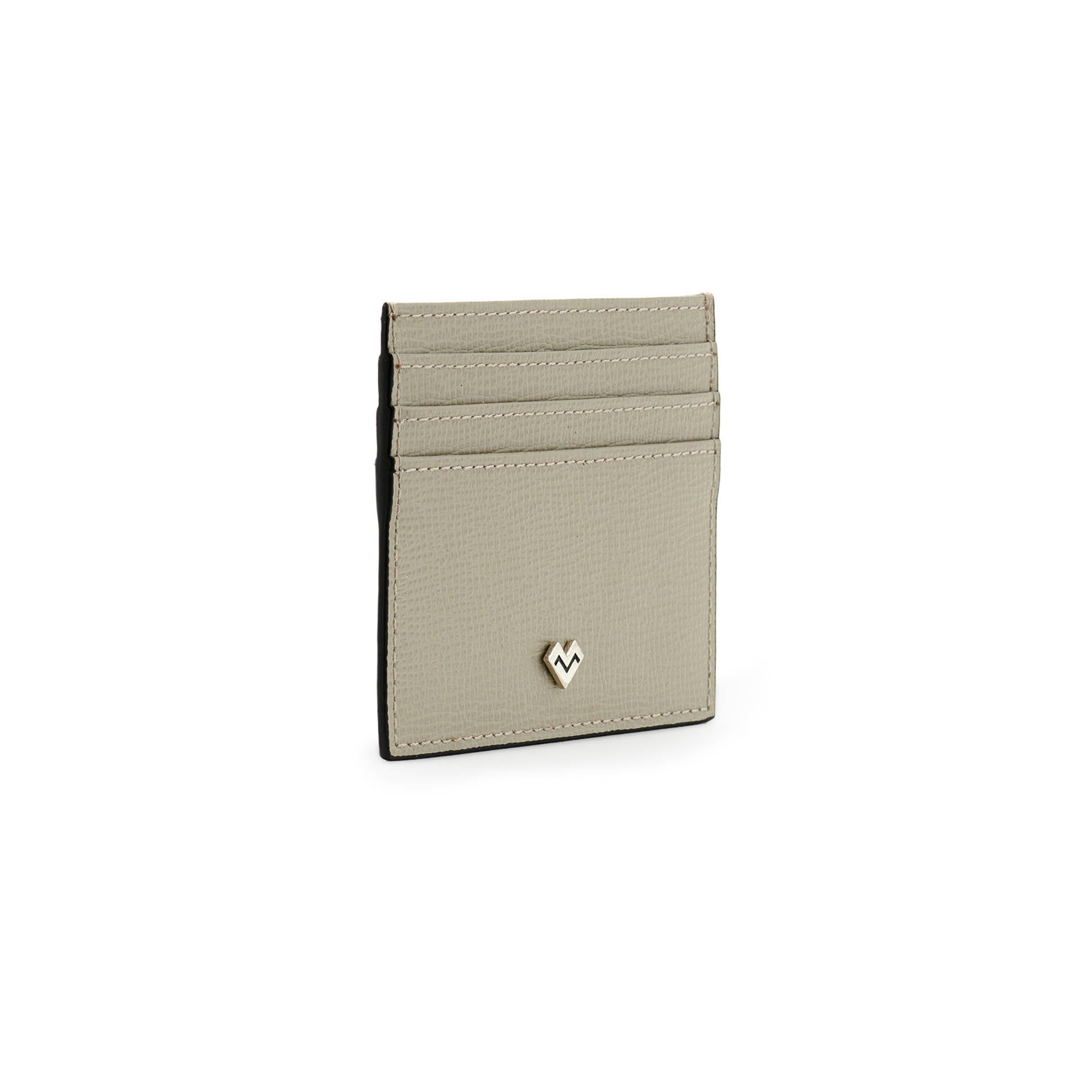 Side view of Mario Valentino grey grained leather card holder with slim profile and structured design.
