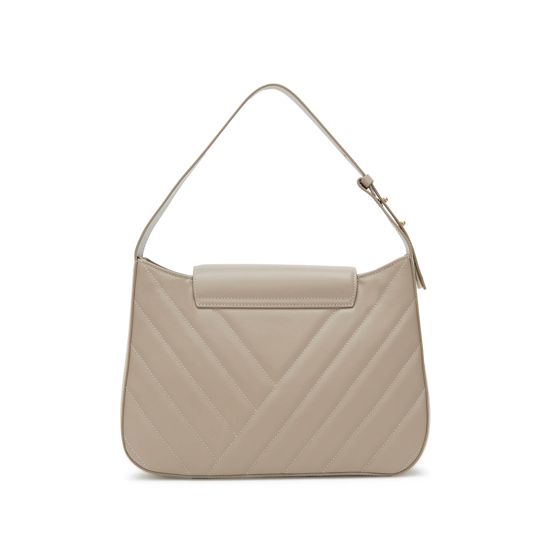 Grey quilted leather shoulder bag in a taupe shade with clean back and adjustable handle, back view. Made in Italy