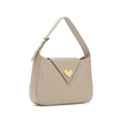 Grey quilted leather shoulder bag in a taupe shade with gold logo and flap closure. Adjustable handle.