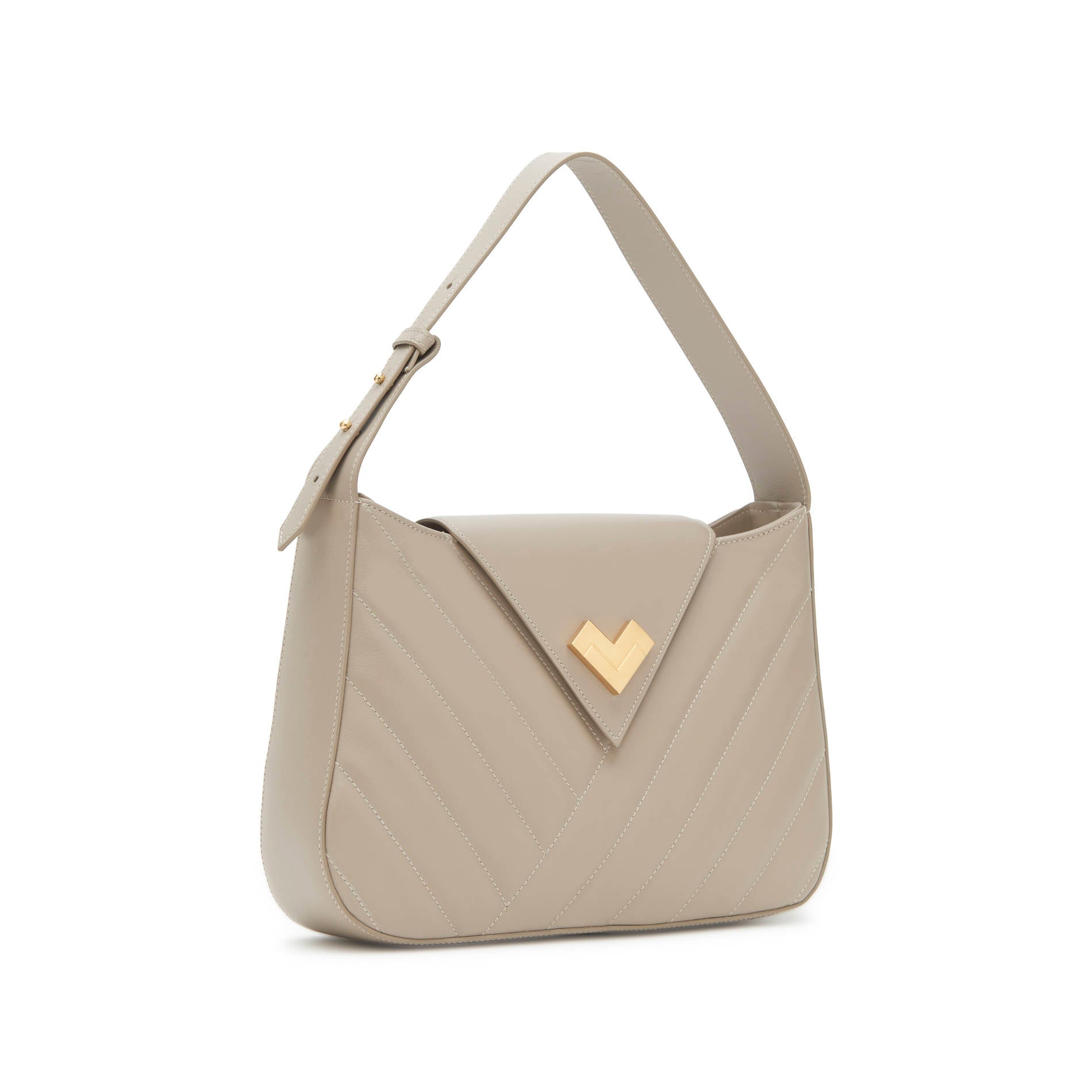Grey quilted leather shoulder bag in a taupe shade with gold logo and flap closure. Adjustable handle.