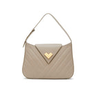 Grey quilted leather shoulder bag in a taupe shade with gold logo and flap closure. Made in Italy
