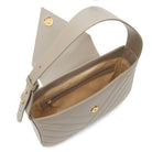 Grey leather shoulder bag interior in a taupe shade with zip pocket and logo lining.