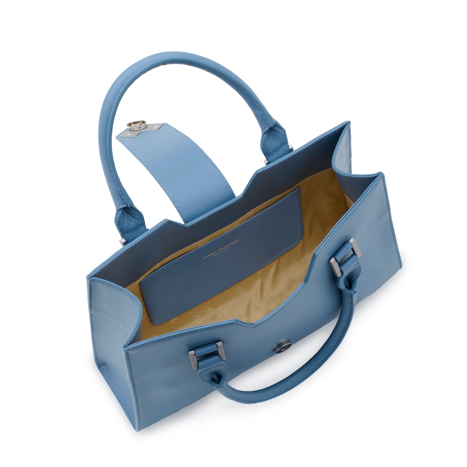Interior view of the Mario Valentino blue handbag showing the logoed lining and internal storage