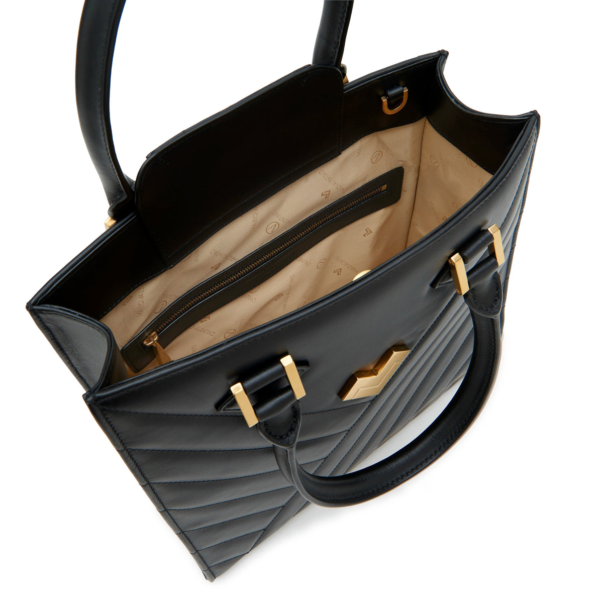 Mario Valentino Icon Large Matelassé bag in black calf leather, interior detail