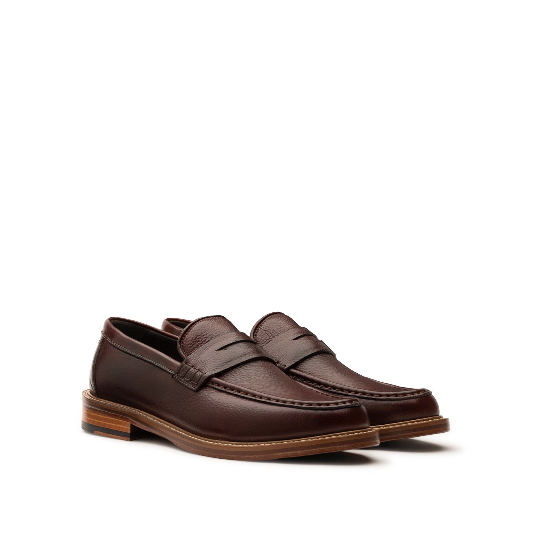 Mario Valentino hammered calfskin loafers in cuoio brown front view