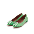 Pair of lime satin flats with pointed toe and crystal buckle detail Made in Italy