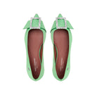 Top view of lime satin pointed toe flats with jewel buckle detail