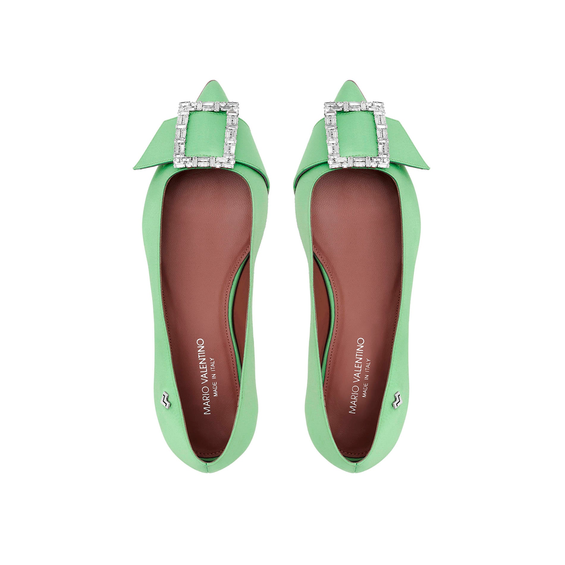 Top view of lime satin pointed toe flats with jewel buckle detail