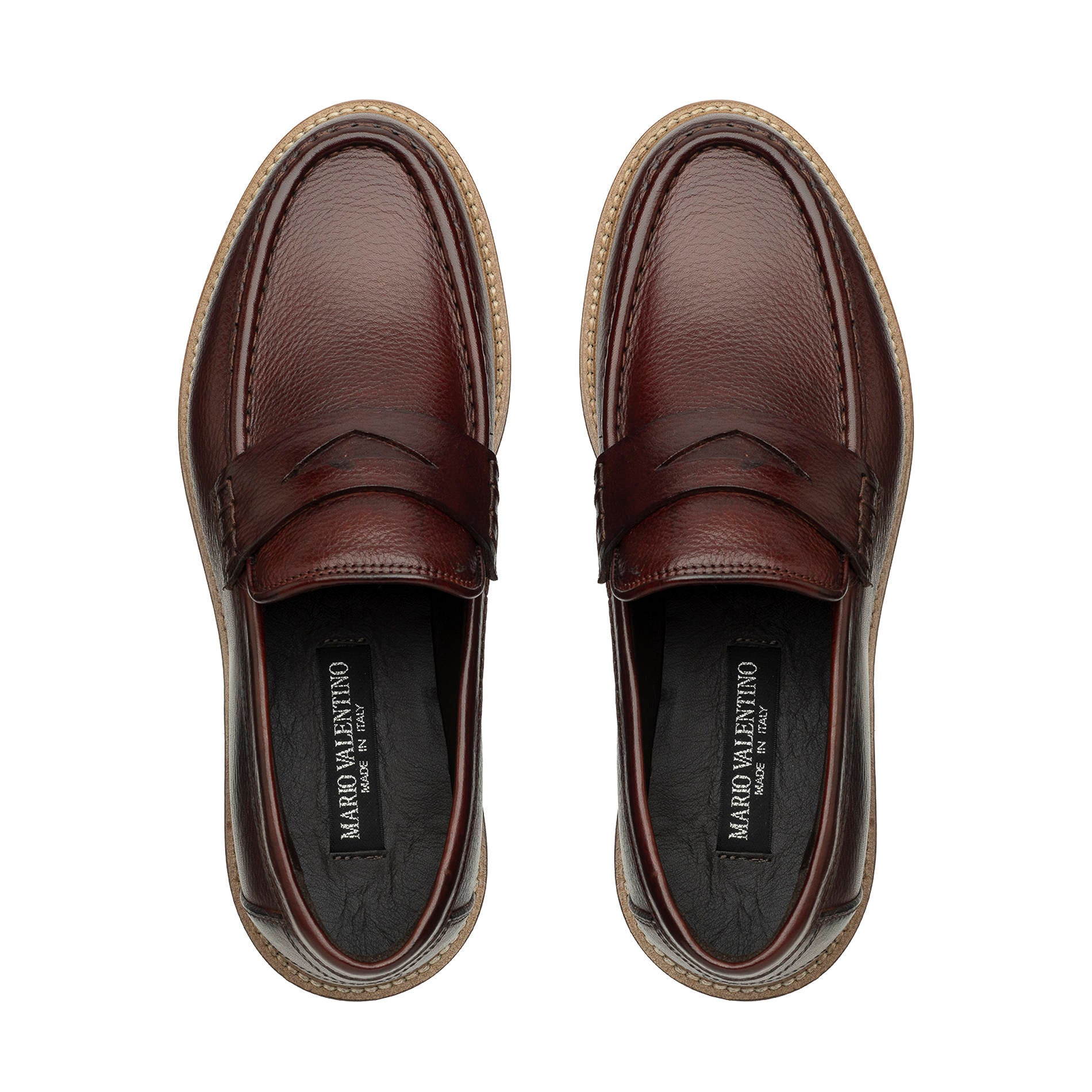 Close-up of the hammered calfskin leather on Mario Valentino shoes