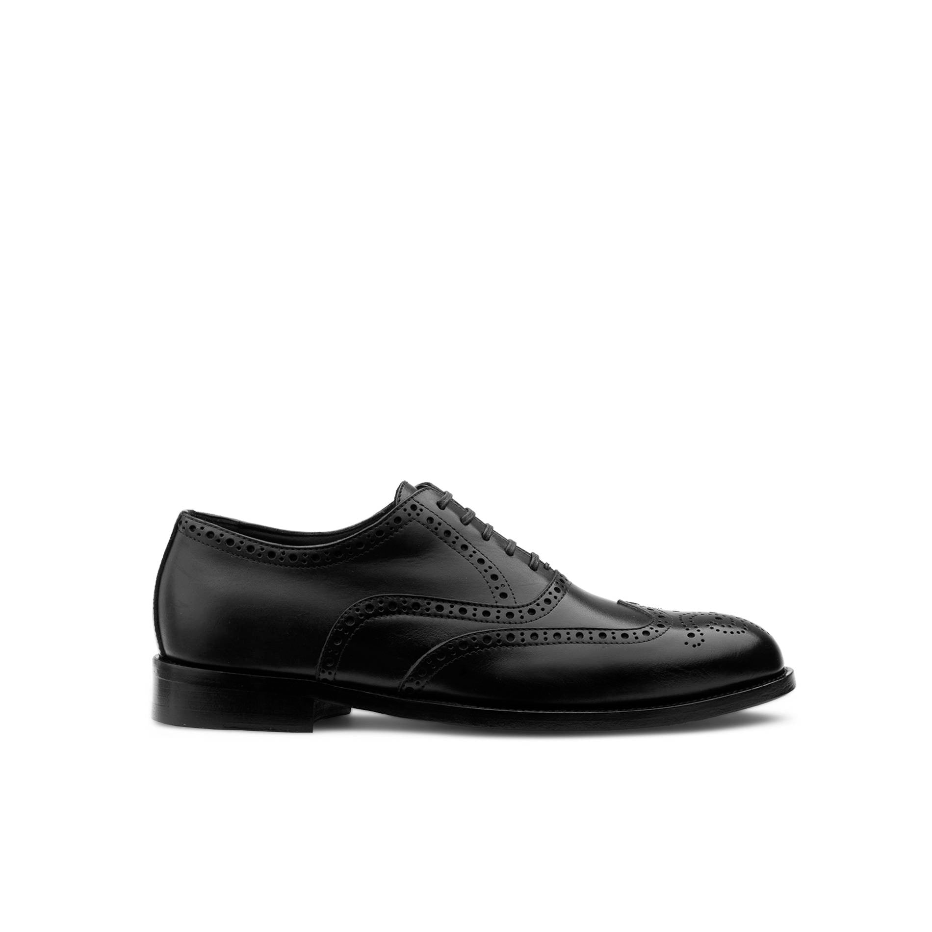 Black calfskin brogue Oxford shoes by Mario Valentino with leather sole, front view