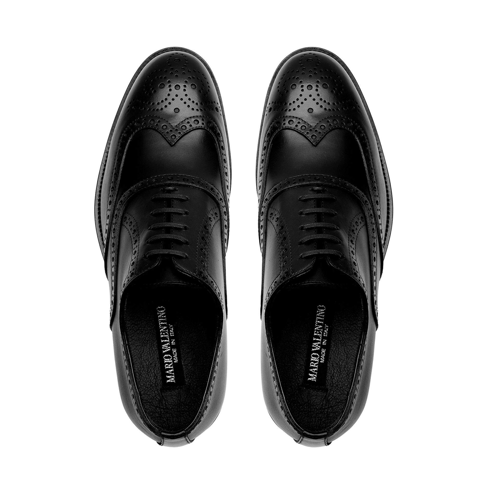 Black leather wingtip Oxford brogues for men, top view, perforated calfskin