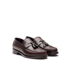Mario Valentino mens dark brown calfskin tassel loafers leather sole side view pair Italian shoes