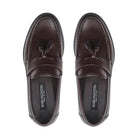 Top view Mario Valentino mens tassel loafer deep brown calfskin leather tassels gimping vamp