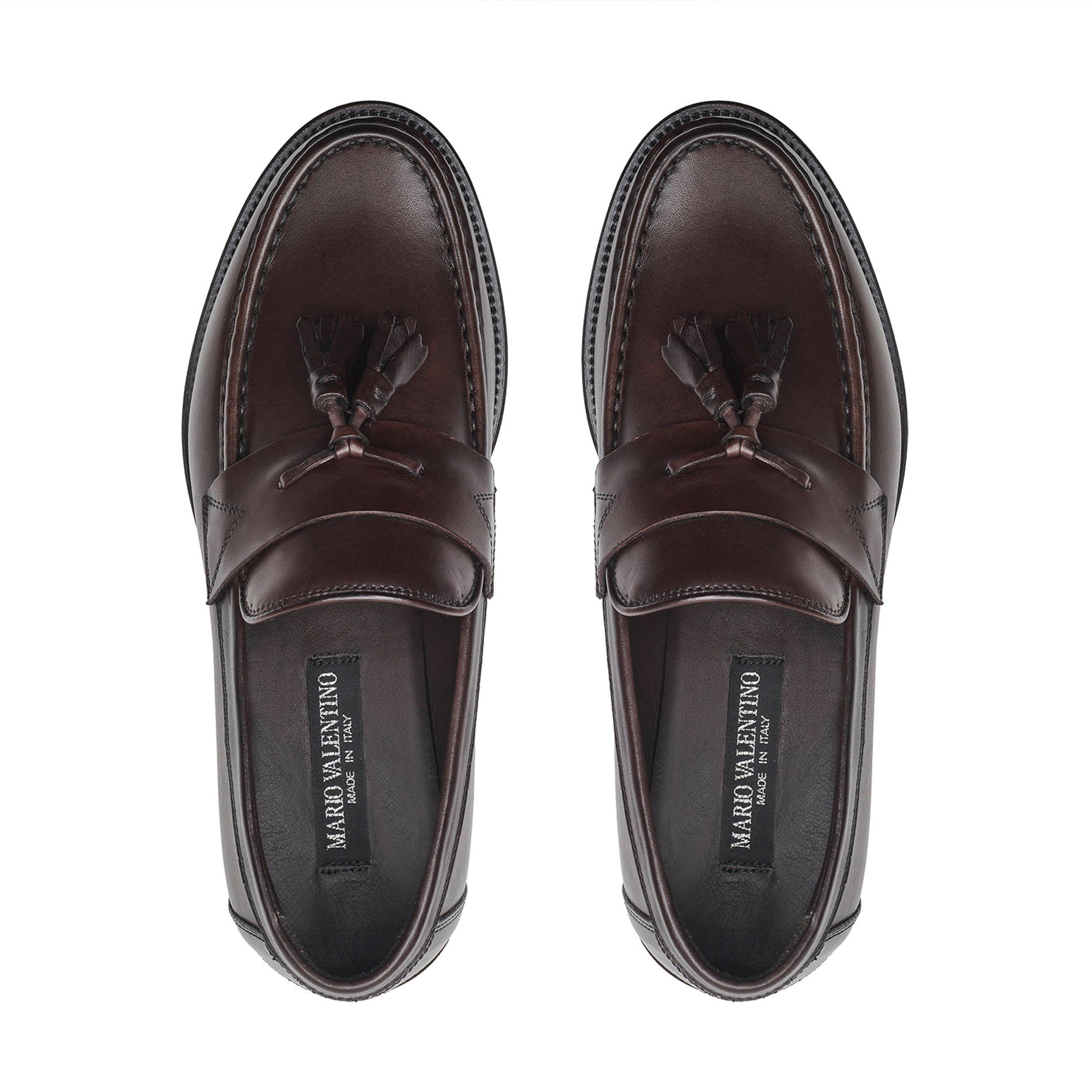 Top view Mario Valentino mens tassel loafer deep brown calfskin leather tassels gimping vamp