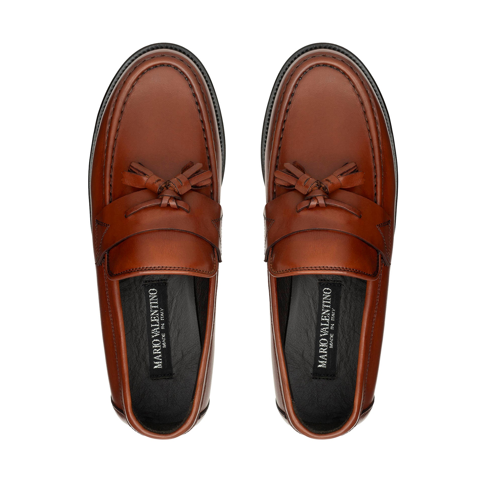 Top view Mario Valentino mens tassel loafer cuoio calfskin leather tassels gimping vamp