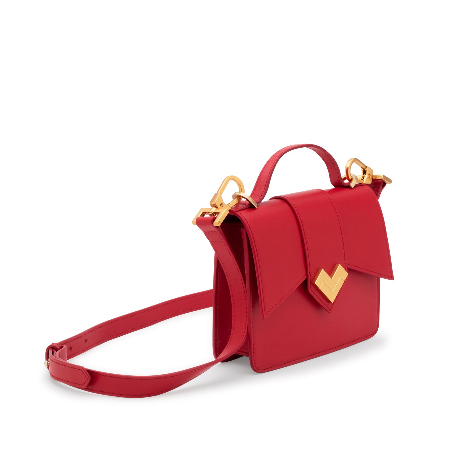 Mario Valentino mini top-handle bag in red smooth calf leather featuring a gold-finish MV logo and adjustable shoulder strap.