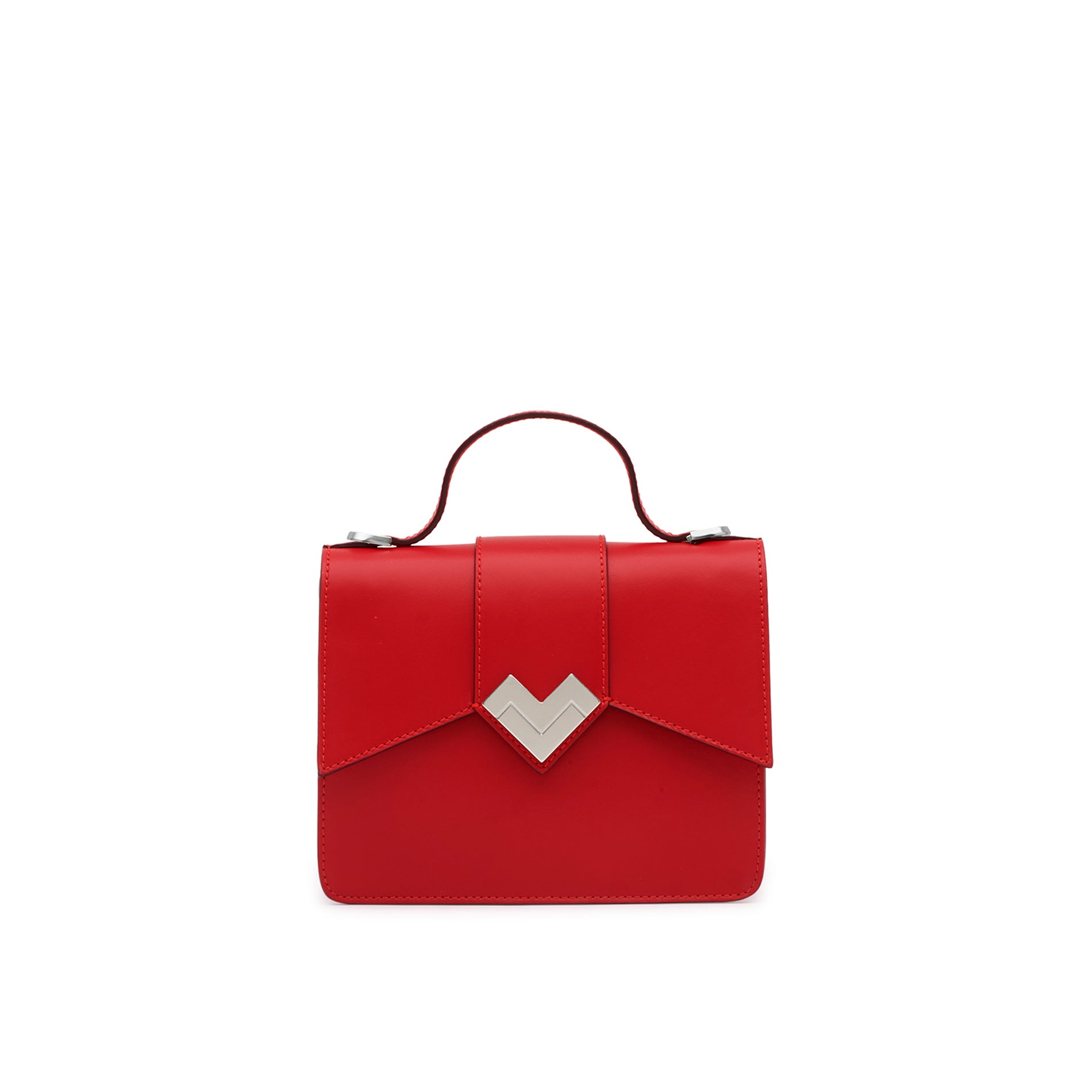 Mario Valentino mini top-handle bag in red smooth calf leather with silver-tone MV logo