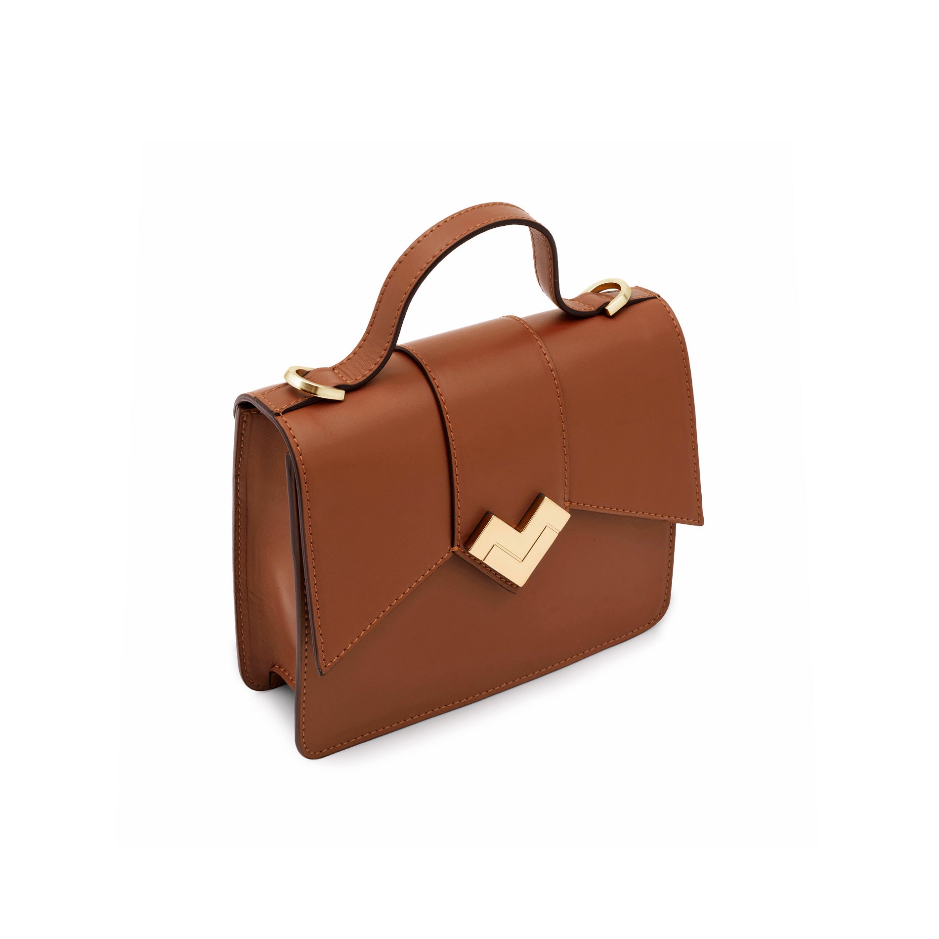 Mario Valentino mini top-handle bag in tan smooth calf leather with gold-finish MV logo and shoulder strap.