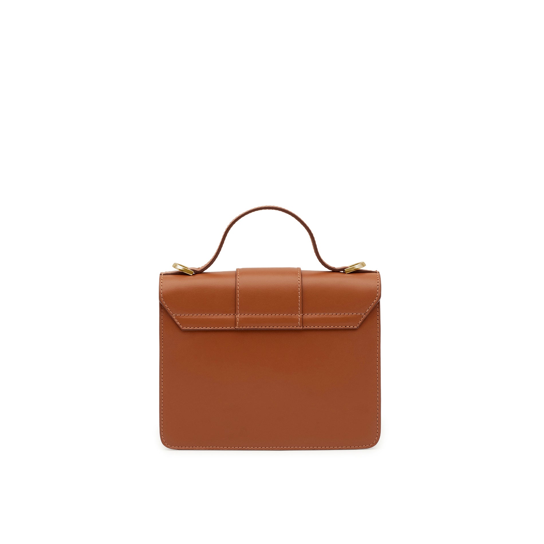 Rear view of the Mario Valentino tan leather mini bag, highlighting the clean silhouette and tonal stitching details. Made in Italy.