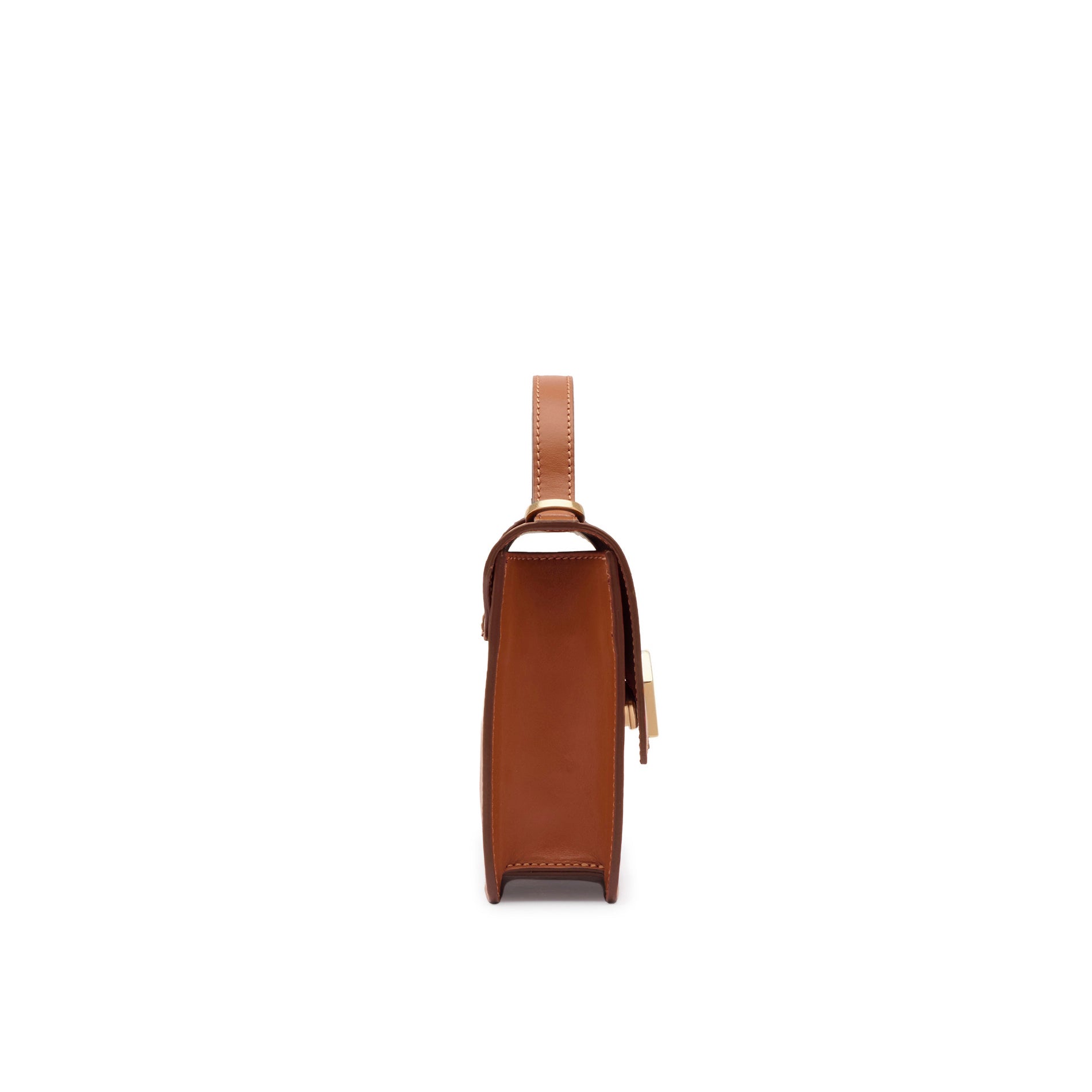 Side profile of the Mario Valentino tan leather mini bag, showing the structured gusset construction and gold-tone strap attachments. Made in Italy.